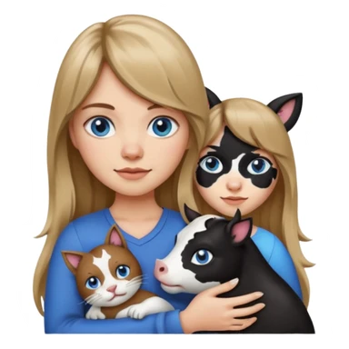 Apple-style emoji sticker of a young woman with long dark blond hair and bang, blue eyes , holding a cat black and white like a cow patch on her chest.  sticker