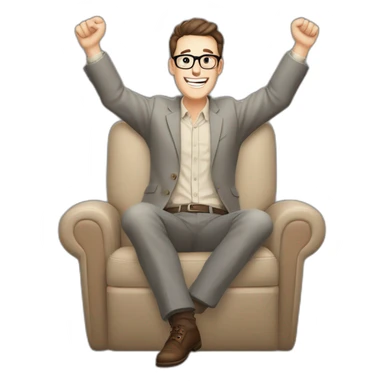 Joyful Celebrating victory Hands up Pale skinned Fit Man With dark brown hair in gray jacket, beige office shirt, Brown pants and vintage glasses sitting In a soft chair sticker