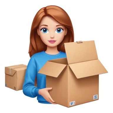 Barbie in a brown sweatshirt with shoulder-length reddish-brown hair, blue eyes with makeup, stands with a parcel box sticker