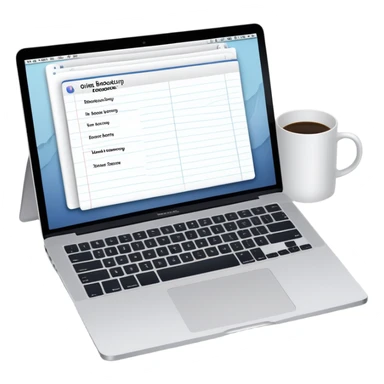 online booking system on MacBook screen beside a classic paper notebook and pen sticker