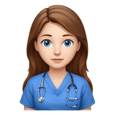 inside a classroom at university, a pretty female nursing student with long brown hair, blue eyes sticker