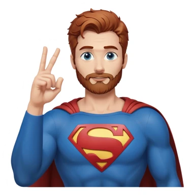 Adult-tall-full body- Superman-with redish brownish messy hair-full neatly trimmed beard-blue eyes-hand heart gesture sticker