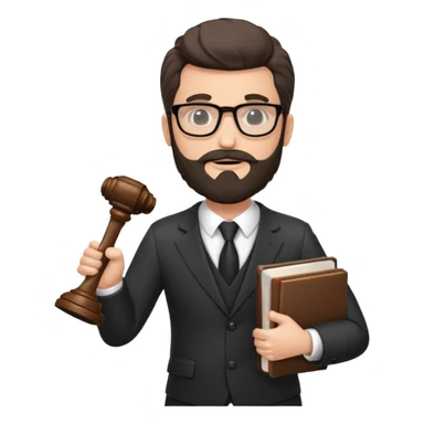 Create a male lawyer. he is wearing a fromal suit jckeret. He is holding a gavel in one hand and a book tucked under his another arm. He has beard and glasses without the glass lol. And the hair is kinda darker but not black sticker