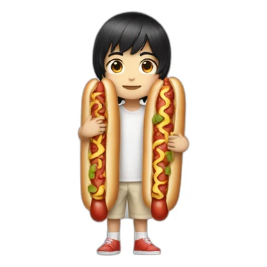shoulder length black hair chibi boy wearing hotdog costume sticker