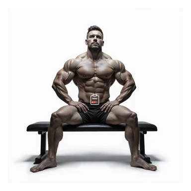 hyper realistic muscular bodybuilder sitting on a bench with slumped posture, pelvic area highlighted with low battery symbol, caption in Italian: 'Assenza di libido: nessun interesse sessuale', isolated on white background sticker