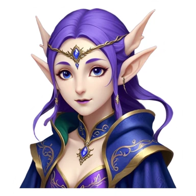 Cinematic Realistic WoW Elf Mage Portrait, head tilted dramatically with an exaggeratedly amused expression, blending timeless arcane wisdom with a touch of unexpected playfulness. Her luminous, porcelain-like skin and delicate features, complemented by an intricately detailed robe in deep blues and purples with golden filigree, are rendered with lifelike texture and dynamic magical lighting, high shine, dramatic yet whimsical, capturing the essence of an elven mage whose epic mastery is tinged with charming irreverence. sticker