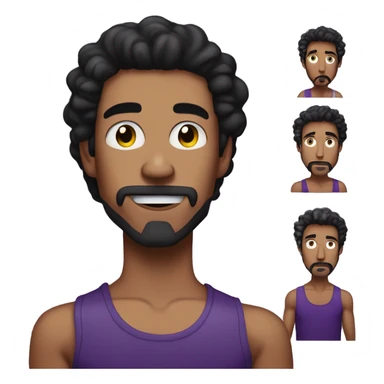 tanned, skinny, young man with long curly black hair, a goatee that's only on the chin, a big nose, black lipstick and wearing a purple tanktop sticker
