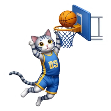 A cat wearing a blue basketball jersey with yellow stripes dunking a basketball into a basketball hoop sticker