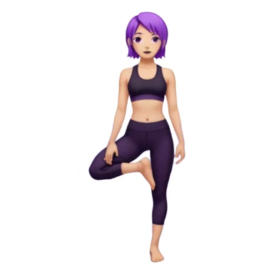 A woman with purple hair standing tall in mountain pose, wearing a black yoga outfit, calm expression, mandala background, digital art style. sticker