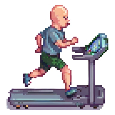 bald man running on treadmill in gym, pixel art style sticker