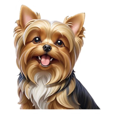 Cinematic Cute Yawning Yorkshire Terrier Portrait Emoji, Head tilted with a playful, drowsy expression and droopy, adorable eyes, featuring a soft, well-groomed fur in rich hues, simplified yet irresistibly endearing, highly detailed, glowing with a warm, cozy radiance, high shine, exuding a relaxed yet spunky charm, styled with a gentle, soft glowing outline, capturing the essence of a Yorkshire Terrier mid-yawn that seems as if it could cuddle right off the screen! sticker