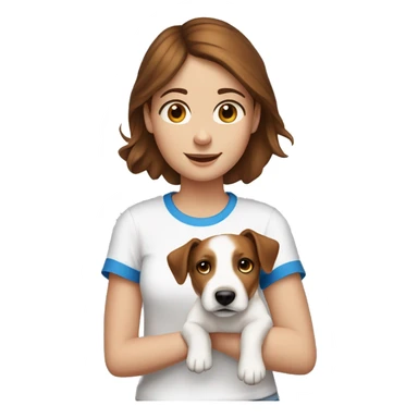 a girl with brown hair and fair skin, blue eyes, in a white T-shirt with a dog in her arms, a Jack Russell dog with brown spots sticker