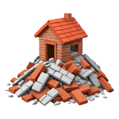 3D iPhone style emoji of a pile of bricks, roof pieces, and wall rubble, scattered and broken, isolated on white background, soft shadows, high detail, playful and cute sticker