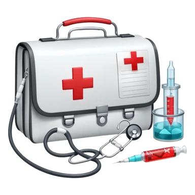 An icon featuring a medical bag with a red cross, a stethoscope, and a syringe, symbolizing medicine. The design includes pills, a heart monitor, and a clipboard with patient notes, representing healthcare, diagnostics, and treatment. Transparent background highlights the science of medicine. sticker