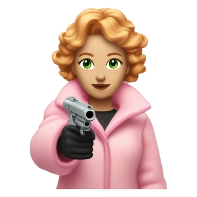 Women with reddish blonde hair with light green eyes and a pink fluffy coat pointing a laser gun sticker