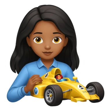  long black haired black girl kid playing yellow colored formula 1 car toy sticker