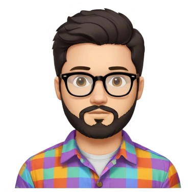 a 30-year-old man with light skin, medium solid build, wide face, soft cheeks, rounded jawline, neutral relaxed expression, short dense full beard, wavy voluminous brown-black hair at the front, large rectangular black thick frame glasses, colorful button-up shirt open showing white t-shirt sticker