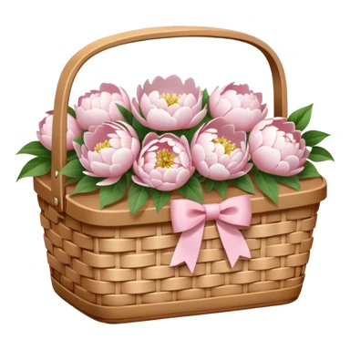 White Picnic basket with light pink bow and white peonies inside sticker