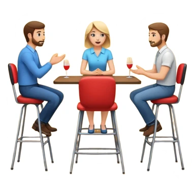 casual interview on stage, three people, facing each other, woman on the left, two men on the right, high chairs sticker