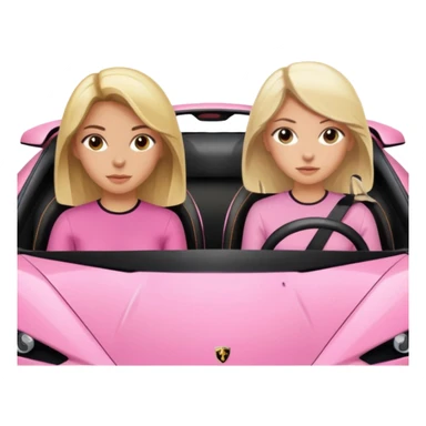 Car facing forward in pink sports car. The best friend girls are not smiling but very pretty, just neutral expression. One girl is blonde, one girl is brunette. Front of car sitting in the seats. Make it a pink sports car. They are two baddies make it a Lamborghini pink car  sticker