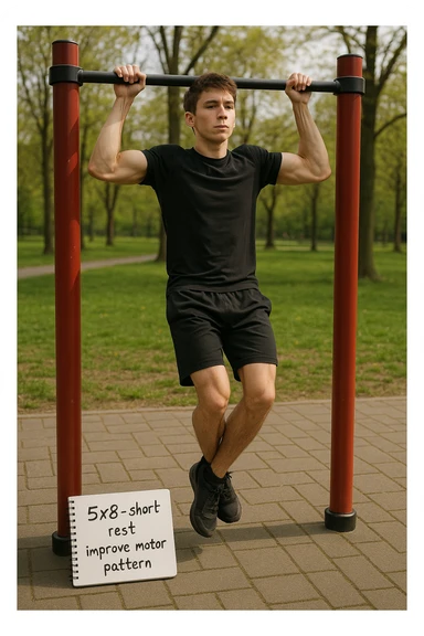 Giovane principiante dello streetlifting in un parco, fisico ancora asciutto, esegue lunghe serie di trazioni senza peso, con tecnica controllata. A terra, un taccuino con scritto '5x8 - riposo breve - migliorare schema motorio'. Espressione concentrata. Luce naturale, atmosfera educativa, senso di costruzione progressiva. sticker