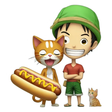 Luffy and Zoro with a cat eating an hot-dog sticker