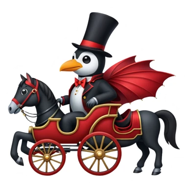 A penguin dressed as dracula riding a 3 horse carriage sticker