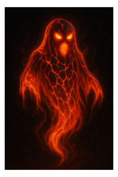 a ghost made of flowing, glowing lava, with molten cracks and fiery eyes, floating and slightly transparent sticker