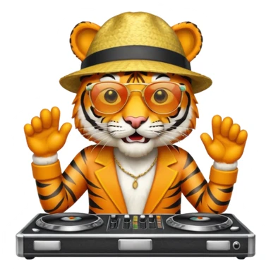 Un tigre con sombrero estilo cubano, una mesa de dj y gafas de sol sticker