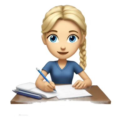 White Smart girl with blue eyes and light skin with hair pulled back with a hair clip doing Homework on a desk writing on a piece of paper  sticker