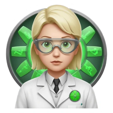 nuclear scientist portrait, head and shoulders only, wearing lab coat collar, protective goggles, glowing green radiation symbol badge, serious expression, sci-fi laboratory vibe, 3D cartoon, mobile game icon style, clean background, no text, no watermark
 sticker