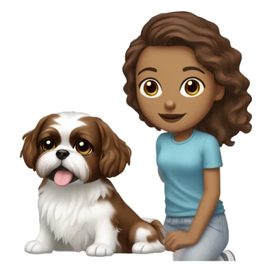 young woman with light bron skin, big brown eyes, tiny nose, long chocolate wavy hair. With a pair of sneakers on the background, add a house to the background, a shihtzu and a cihuahuadog sticker