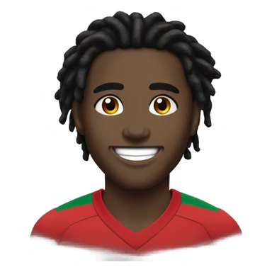  Young black man- 4 inch short dark black messy dread locks-  mad eyebrows - low dark brown eyes - no facial hair - laughing - Portugal jersey - lean muscle - nice smile  sticker