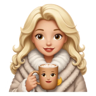 Tanned Girl with lashes , blonde hair, in an extremely big fluffy oversized coat and hold hot chocolate drink and half moon eyes , big lip sticker