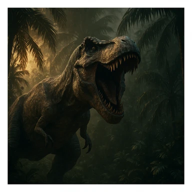 A T-Rex roaring with palm trees, inspired by Jurassic Park, in a dramatic cinematic style, intense lighting, detailed jungle background sticker