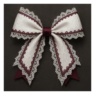 Edit the image to depict a white gothic bow with lace details and dark pink accents in a general style. sticker