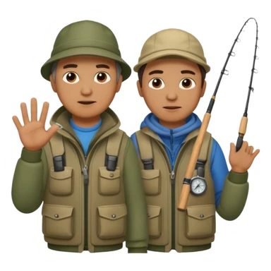Father and son in fishing gear gesturing that they are cold sticker
