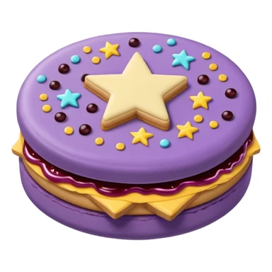 a pastel purple sandwich cookie with soft crumbly texture, a star-shaped jam cutout in the center showing glossy dark berry filling, and creamy filling with colorful sprinkles. Minimal emoji style, smooth shading, high detail, centered object, no background, sweet playful vibe sticker