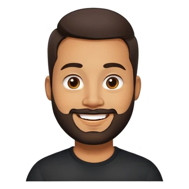 Heavier-set producer with light brown skin, pear-shaped face, full cheeks, big cheerful smile, warm inviting eyes, thick eyebrows, wide nose, short well-groomed beard, very short dark hair, wearing a black shirt sticker