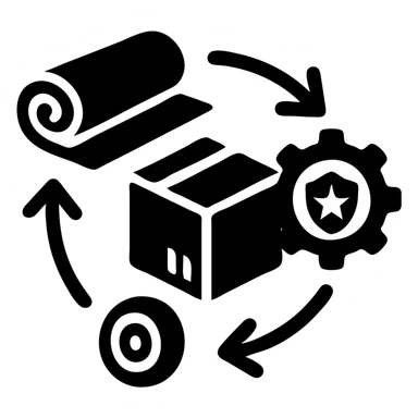 Minimalistic solid black filled icon featuring a supply chain symbol representing 'We handle all types of goods: from textiles to the military-industrial complex' sticker