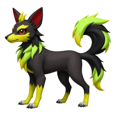 Hyper realistic skeletal black and neon green and neon yellow Poochyena-Lycanroc-Zorua-Litten-Houndoom-Fakémon-Pokémon-Digimon-hybrid-fusion (full body) sticker
