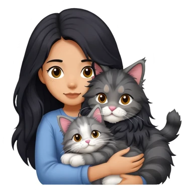 Girl with long black hair hugging a gray fluffy plush toy and a tricolor Maine Coon cat sticker