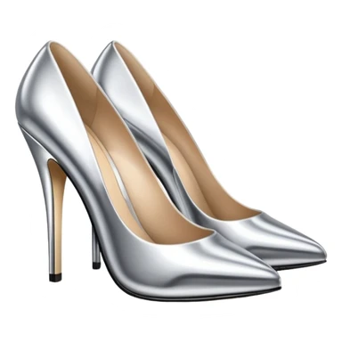 A pair of high heel shoes emoji made of polished silver chrome, elegant sharp silhouette, smooth metallic surface, glossy reflections, luxury sexy vibe, minimalistic iOS emoji style, centered, clean white background sticker