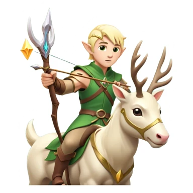 clash-of-clans-aesthetic-blond-male elf-archer-portrait-emoji, rendered in a flat, vector-style with minimal shading and bold, simplified shapes, head tilted slightly forward with a determined, focused expression, riding a majestic white stag whose antlers glow with mystical energy, set against an ancient, enchanted forest backdrop. sticker