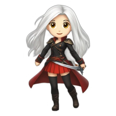 rpg-girl-with-long-straight white-hair-and-red-skirt and black tights like chibi sticker
