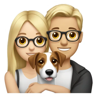 Blonde girl and her white boyfriend with brown hair and glasses cuddling a jack Russell  sticker