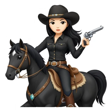 confident Asian woman with long black hair wearing black outfit riding a horse cowgirl style with a pistol sticker