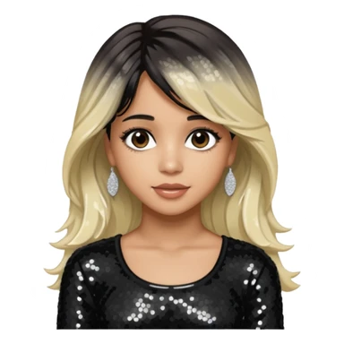 Camila Cabello from Fifth Harmony with long dark brown with platinum blonde highlights hair, black sequin outfit sticker