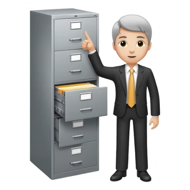 A person in business attire pointing to a tall filing cabinet, indicating document organization. sticker