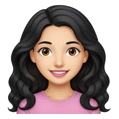 a woman is smile, her hair is long wavy and the color is black, her eyes color are brown and the color of her lip is soft pink sticker